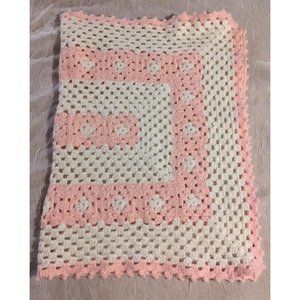 Vtg Handmade Crochet Baby Blanket Pink Throw Knit Afghan Newborn Granny Squares